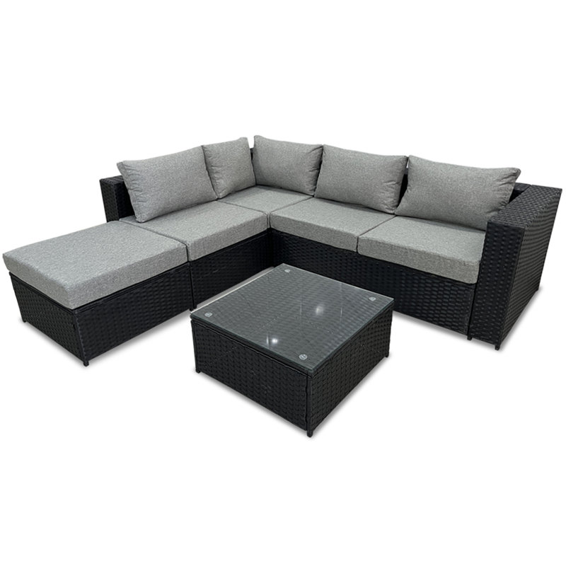Ensemble de conversation en osier / rotin pour 6 personnes avec coussins Vangogh, Noir / gris