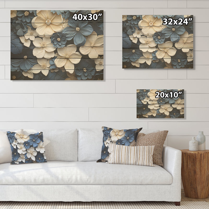 «Blue» and Blue Adorned Violets - Violets, panneau mural en bois sur bois de pin naturel, H 10 po x l 20 po
