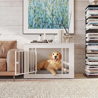 Meuble pour cage 38,2 po, chenil d'intérieur en bois de fer avec plateau solide, table d'appoint 2-en-1 pour petits chiens de taille moyenne, avec fermoir à glissière sécuritaire