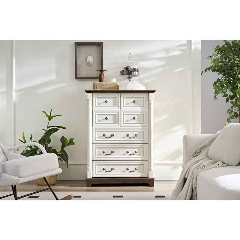 Commode 7 tiroirs pour chambre à coucher avec base en bois et bordure en bois, commode rustique en bois rustique, commode de rangement pour chambre à coucher, salon