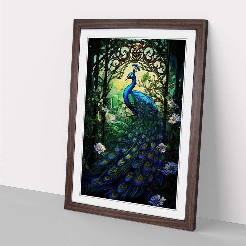 Peacock Nouveau - Single Picture Frame Print on Wood, 64cm H x 46cm W, Walnut Framed