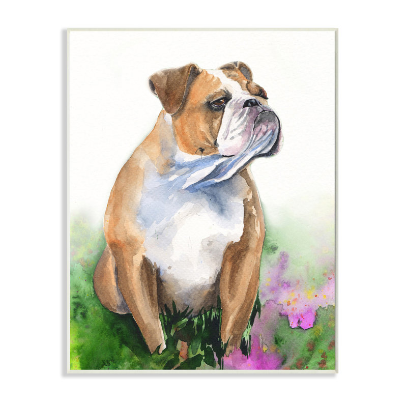 Bouledogue anglais, fleurs d'herbe, aquarelle douce, H 15 po x l 10 po, Plaque murale