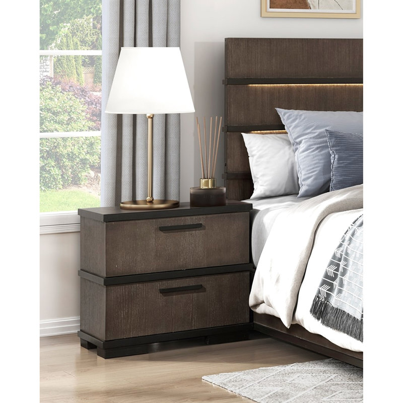 2 tables de chevet avec une touche industrielle moderne, deux tons brun et noir, table de chevet noire en bois d'ingénierie, 2 tiroirs, décor