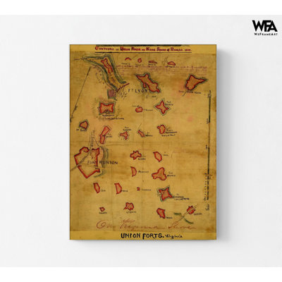 Contours de l'Union Forts sur le côté sud de Potomac en 1862, affiche de carte de guerre ancienne rustique, décor militaire, auberge de jeunesse, art mural, entrée de bureau, décoration murale