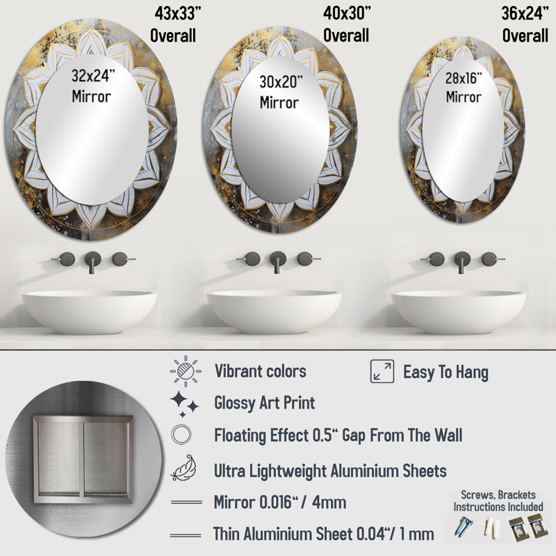 White And Gold Mandala V - White Bohemian Oval Wall Mirror, 43" x 33"