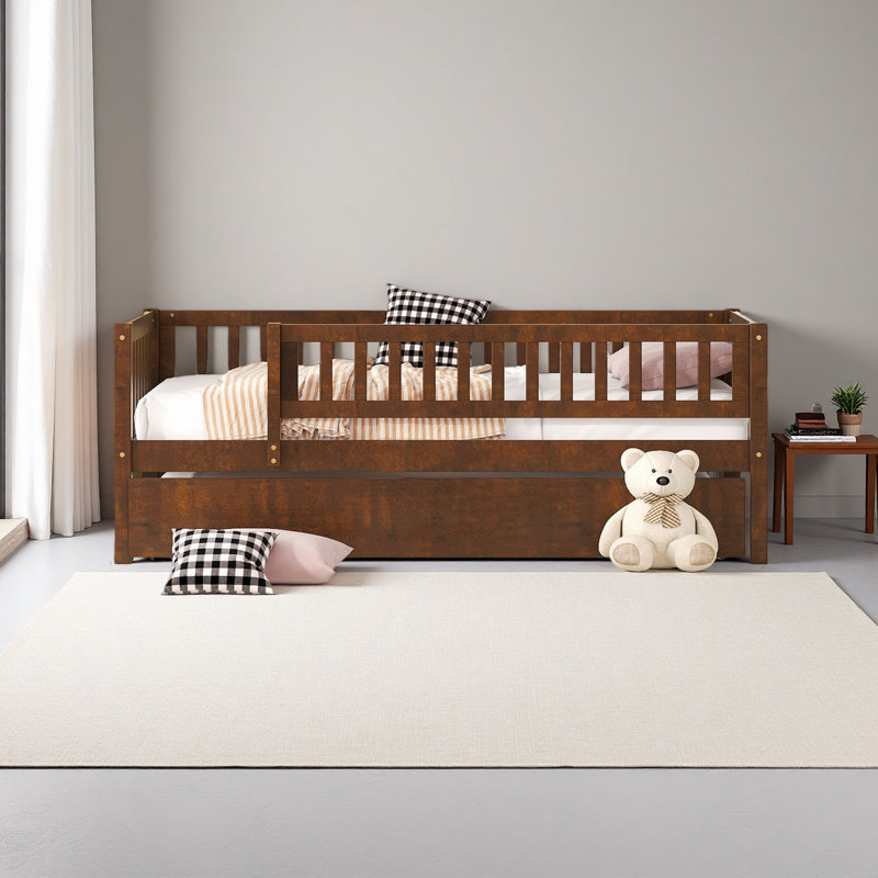 Twin Size Wood Daybed With Trundle And Fence Guardrails, Walnut