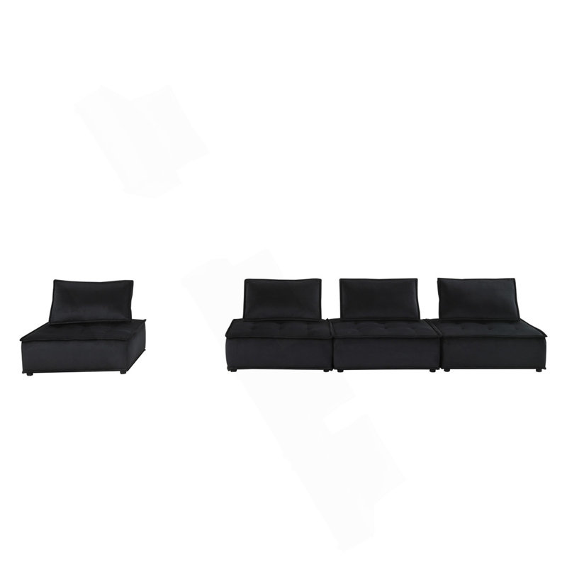 120"W Black Velvet 4 Pc Sectional Sofa