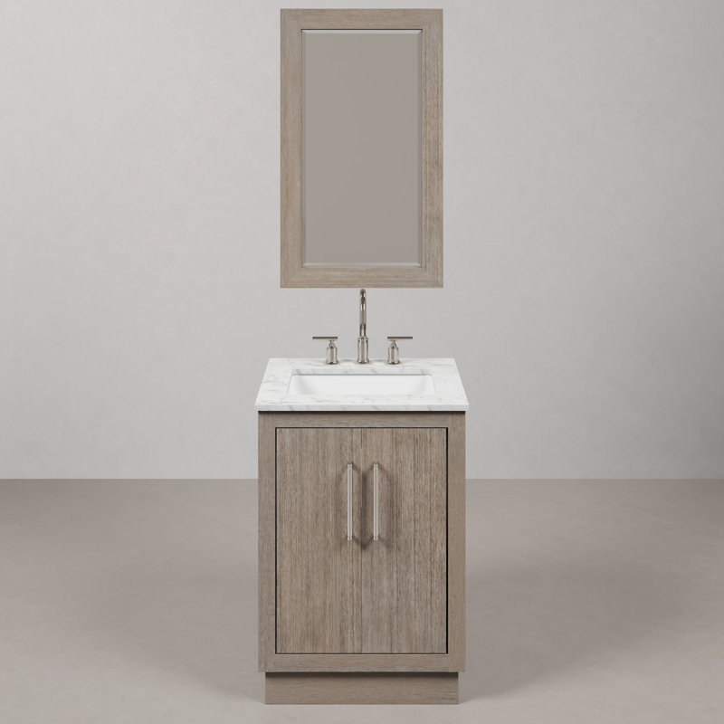 Hunner 24" Carrara White Marble Countertop Bath Vanity in Gray Oak with Mirror, Chrome