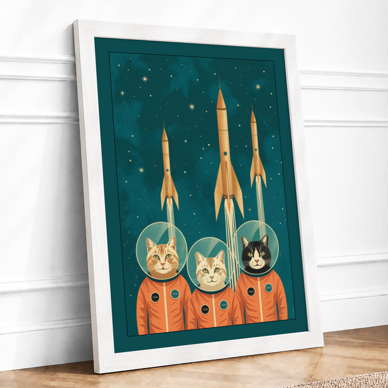 Astronauts and Golden Rockets Mid-Century - Framed Print, A1 - 84.1 x 59.4 cm, White