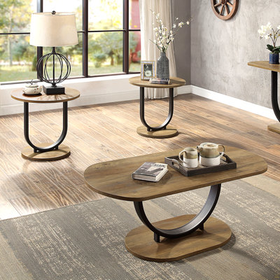 3Pc Table basse Base en U en acier 1X Table basse ovale 2X Table de bout ronde