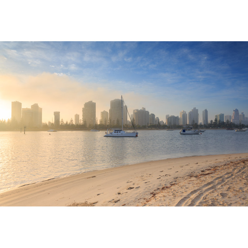 Australian Foggy Morning Along Main Beach Suburb - Wrapped Canvas Print, 30cm H x 46cm W