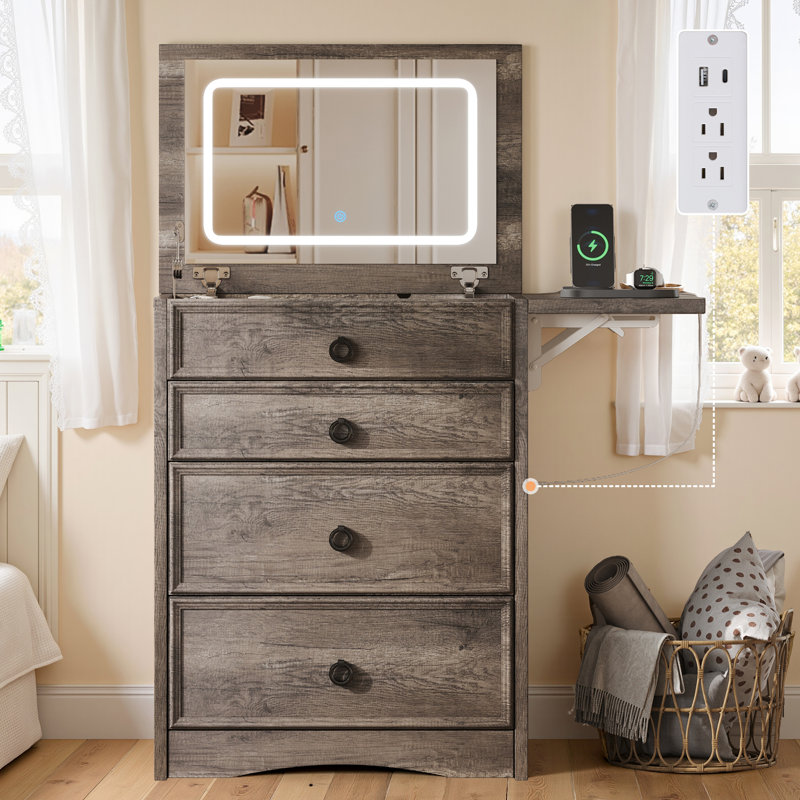  3-in-1 Small Farmhouse Makeup Vanity, Sliding Stool, Fold-up Panel, Divided Storage, Gray, Gray/Gray