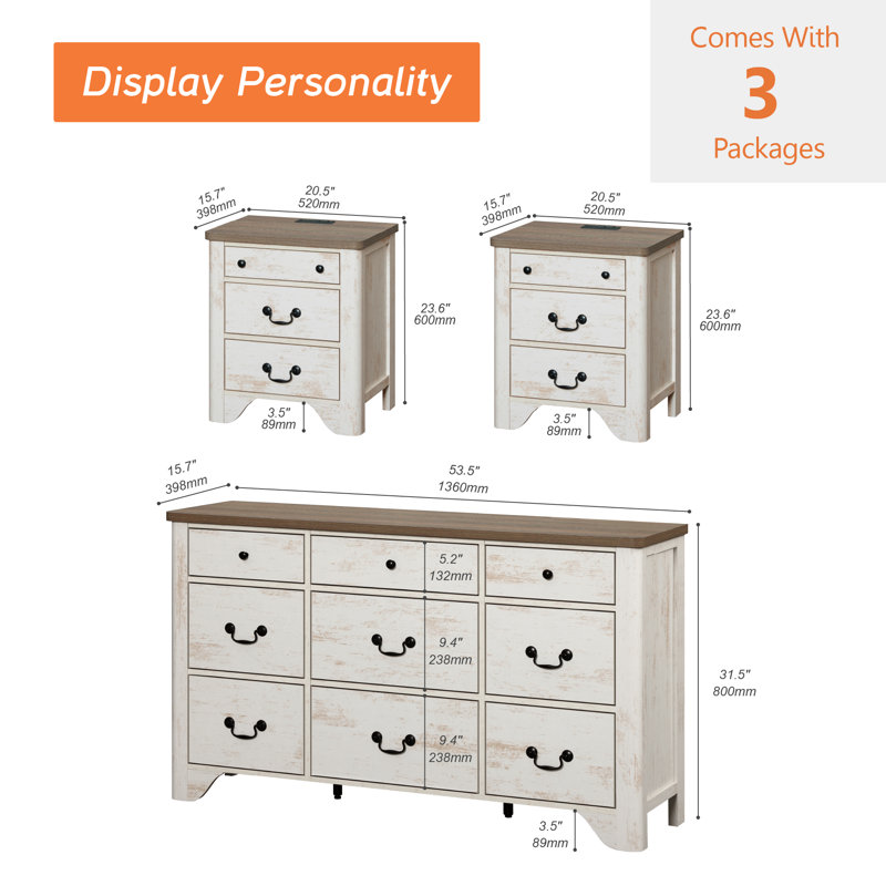  Haikey 3PCS Farmhouse Dresser Set, 9-Drawer Dresser For Bedroom And Wood Nightstand Set Of 2 With Charging Station For Bedroom, Living Room, Hallway,Dining Room