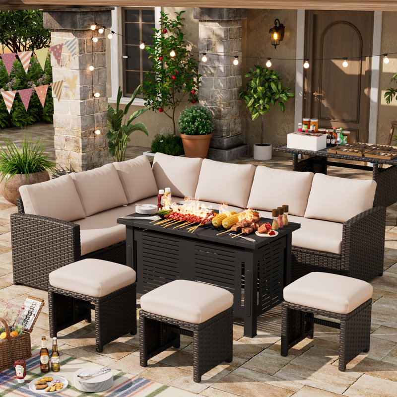 Ensemble de meubles de patio 7 pièces avec foyer 43 po, Coussin beige / structure brune