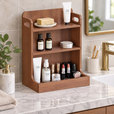 Organisateur de comptoir de salle de bain en bois à 3 niveaux, tablette de coiffeuse avec poignées de transport et panneau arrière complet, organisateur de comptoir pour cosmétiques, articles de toilette, cuisine et chambre à coucher