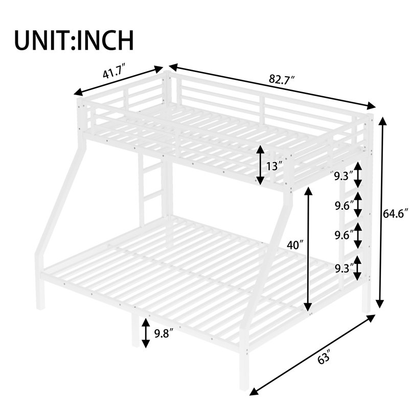 Metal Twin XL Over Queen Bunk Bed for Adults and Teens, Noise-Free Frame, Storage Space, White, No Box Spring Needed