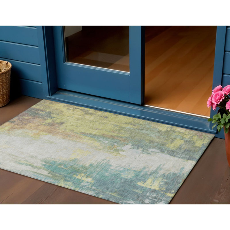 3' X 5' Pale Aqua And Ivory Abstract Washable Indoor Outdoor Area Rug