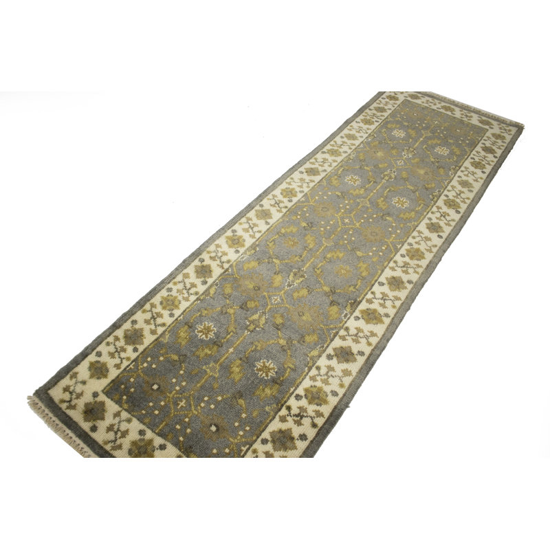 Tapis de couloir gris en laine noué à la main