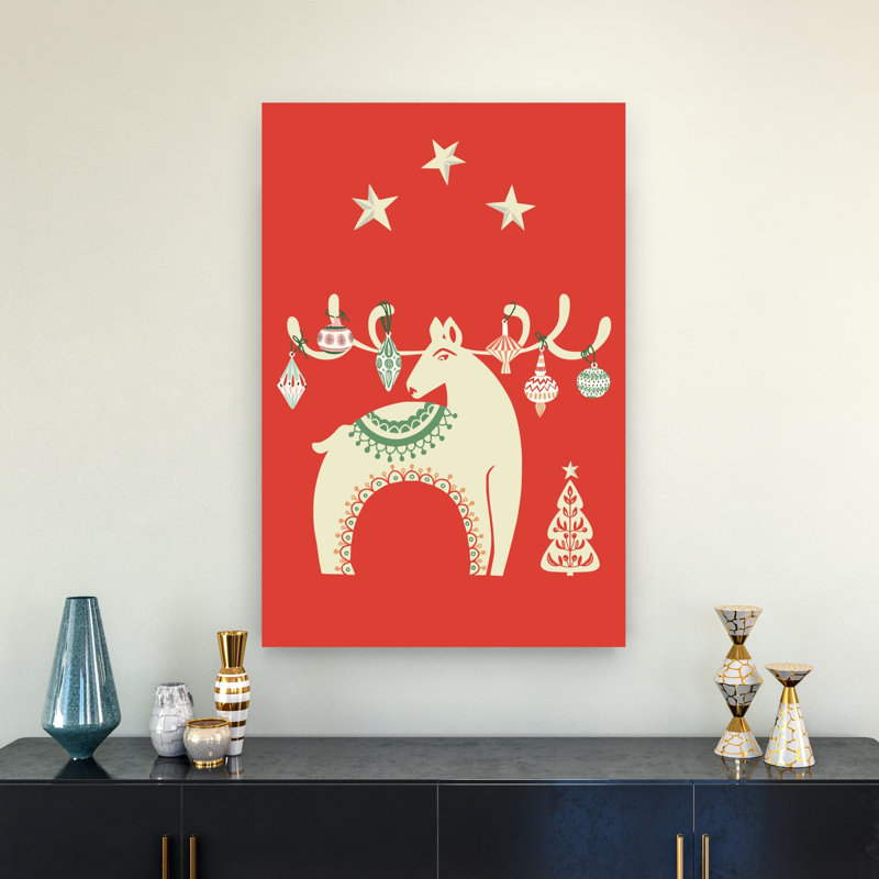 Holiday Reindeer Ornaments Traditional Abstract Christmas Tree Deer Winter Landscape Wall Art Print by Annick - Wrapped Canvas Print