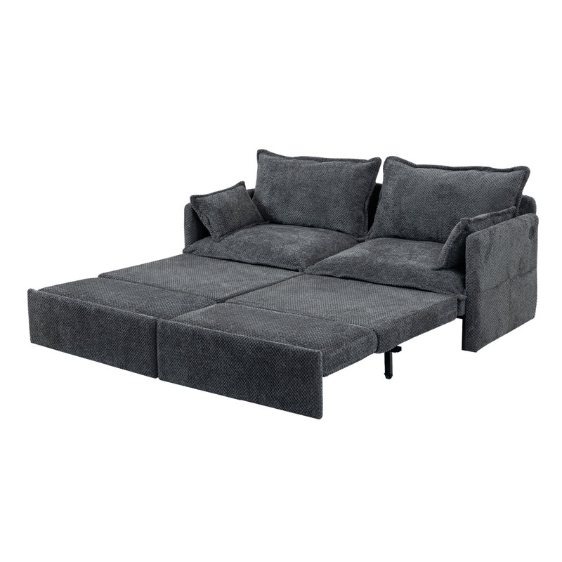 74" Pull Out Sofa Bed, Convertible Sleeper Sofa Bed With USB Ports, Corduroy Upholstered Couch With Chaise Lounge For Living Room, Guest Room, Dark Gray