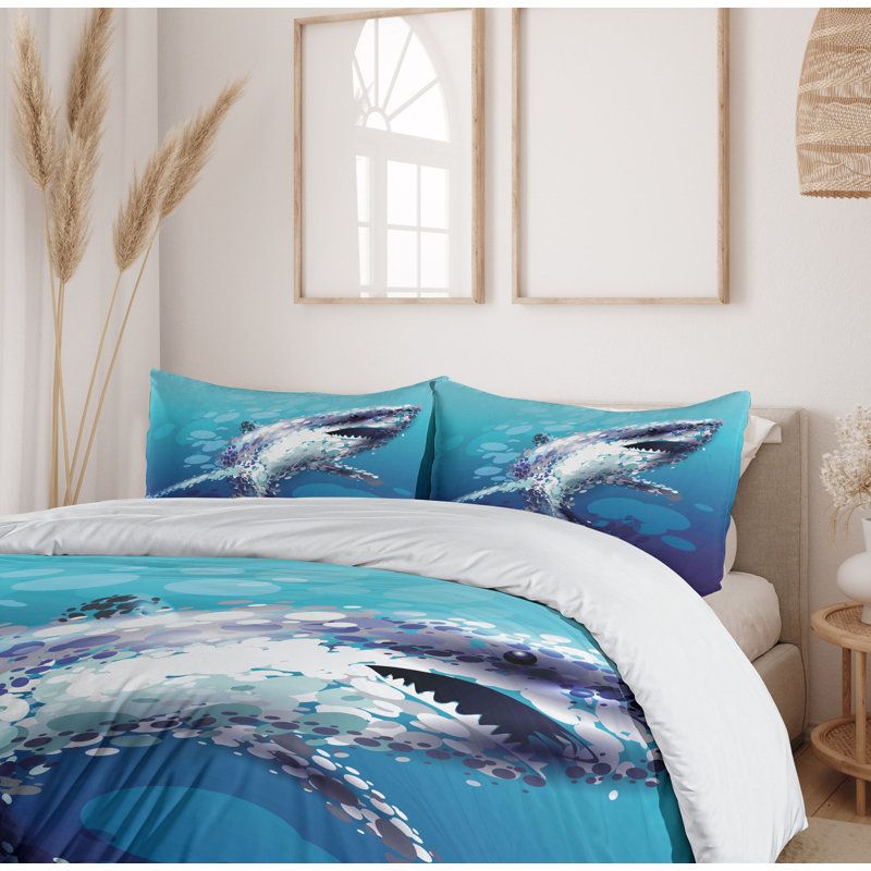 Twin Blue and White Shark Microfiber Duvet Cover Set