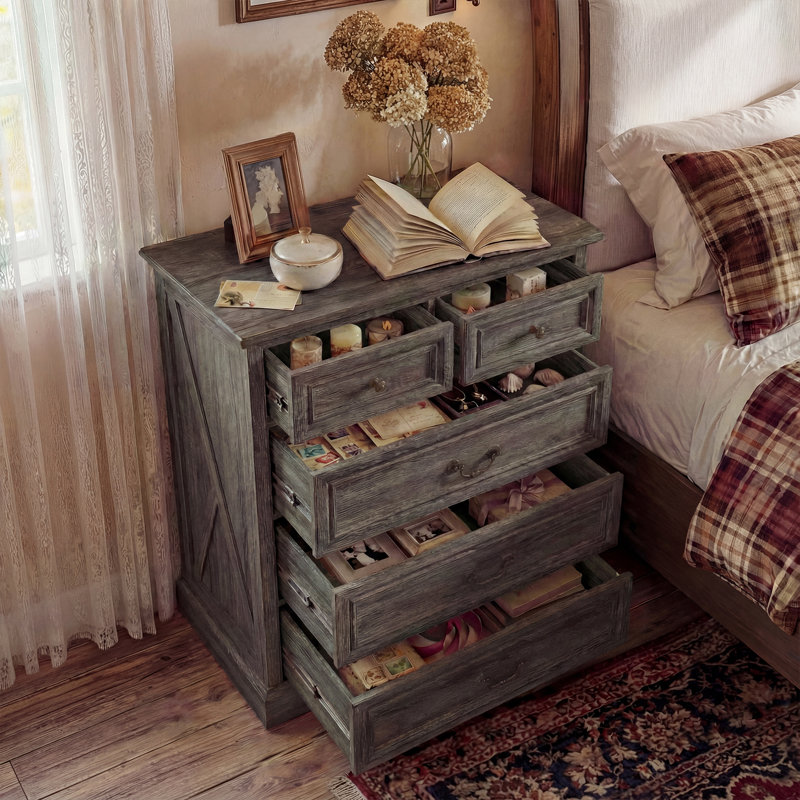 Armoire de chevet élégante avec 5 tiroirs et finition grain de bois Auserine, Gris