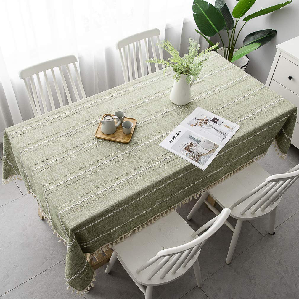 Cotton Linen Rectangular Tablecloth with Tassels, Washable, Wrinkle-Free for Kitchen, Dining, Party