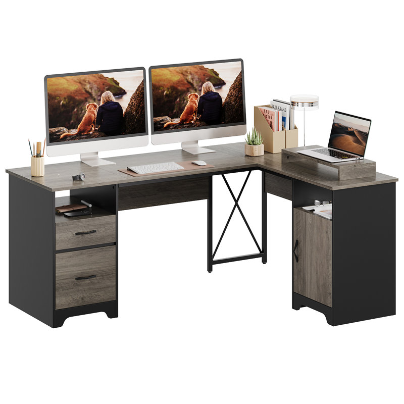 Bartolot 63'' L Shaped Home Office Desk with File&Storage Drawers and  Cabinet, Executive Desk with Monitor Stand and Open Compartments