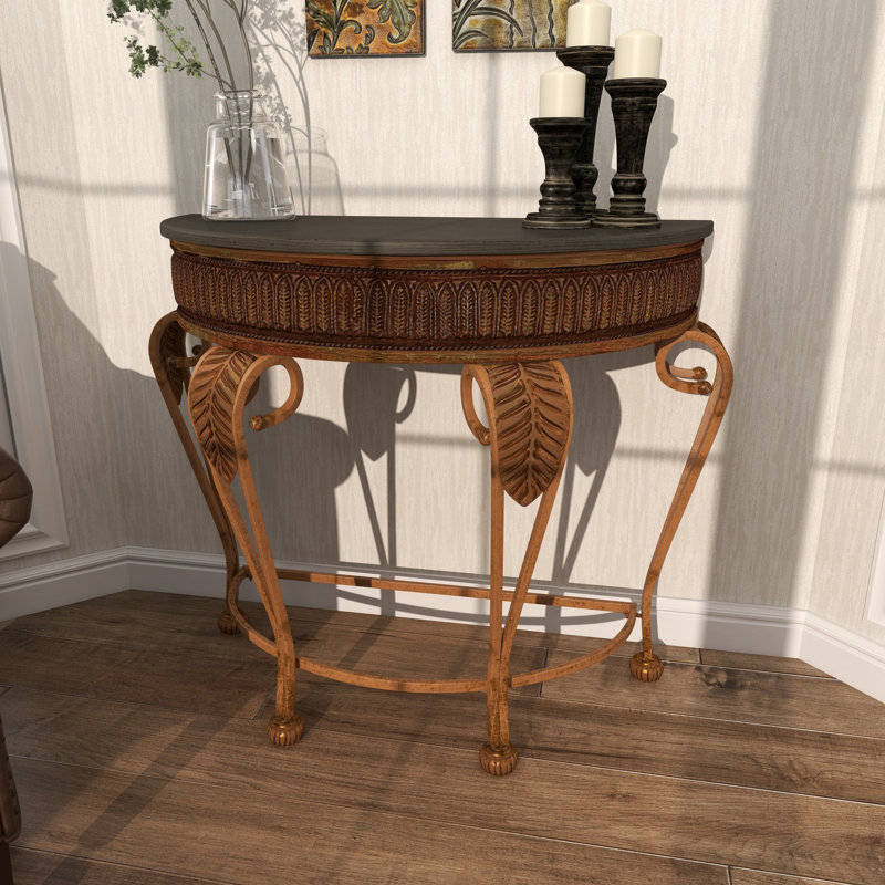 Gold Metal Demilune Console Table with Ornate Scroll Legs