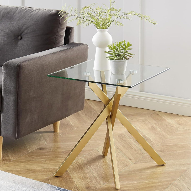 Modern Square Side Table - 20”Dx20”Wx22”H (Grey Tempered Glass Top & Black Metal Legs with Gold Rim), Gold