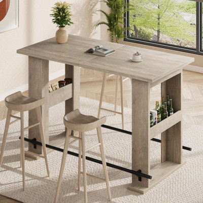 63-Inch Farmhouse Bar Table with Storage - Wooden Counter Height Pub Table with Metal Footrest & Open Shelves for Kitchen, Dining Room, Bistro, Grey