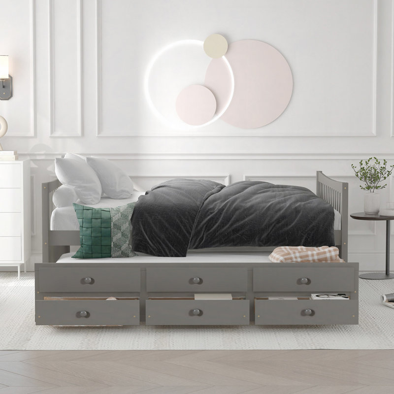 Lit de jour en bois avec tiroir Ajavian, Lit double, Gris