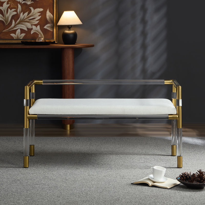Bedroom Bench, Clear Acrylic and Gold Stainless Steel Combination, Ivory