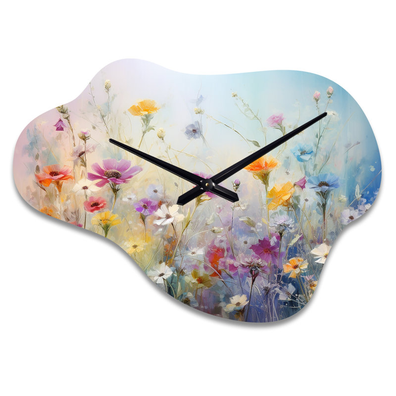 Wildflowers Blossoming Dreams - horloge murale en métal Wildflowers, impression d'horloge murale asymétrique traditionnelle
