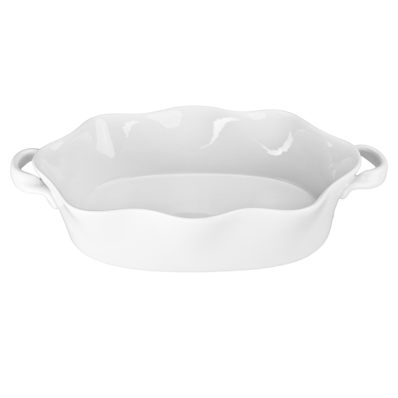 White Ceramic Wavy Oval Baker, 14.5 Inches