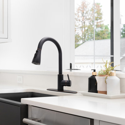 JS Pull Down Single Handle Kitchen Faucet with Deck Plate 3 Spray Modes Eco Water Saving