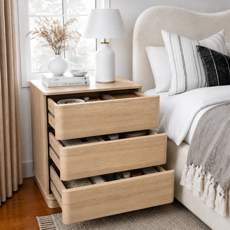 Ensembles de chambre à coucher 3 pièces avec tête de lit incurvée artistique, White/Light Oak, Queen