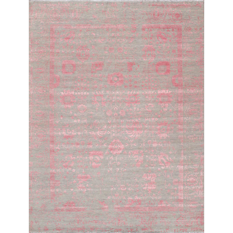 Tapis rose / gris en soie / laine / rayonne Abstract, Rectangulaire 5 pi 11 po x 9 pi 5 po