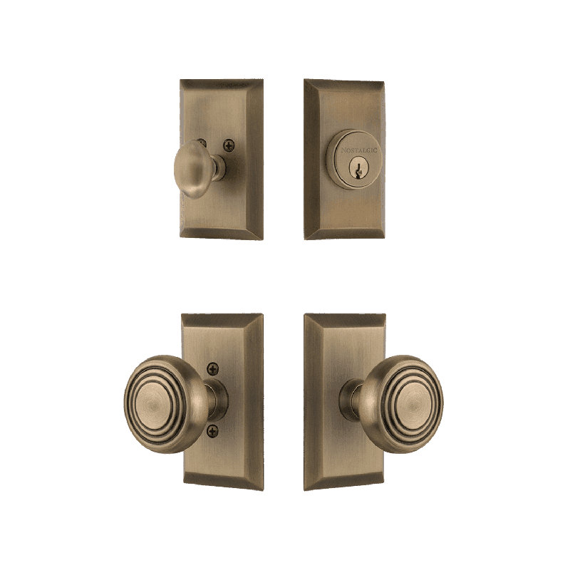 Nostalgic Warehouse Studio Entry Set with Deco Knob, 2.75, Antique Brass