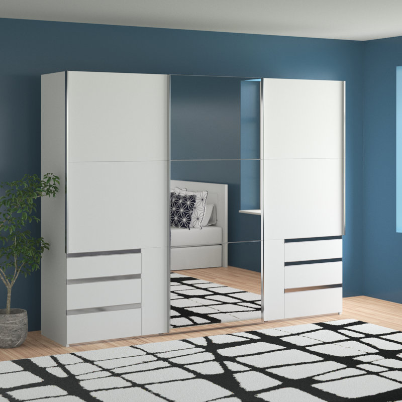 Barbuda 3 Door Manufactured Wood Wardrobe, 216cm H x 300cm W x 65cm D, White/Beige/Clear