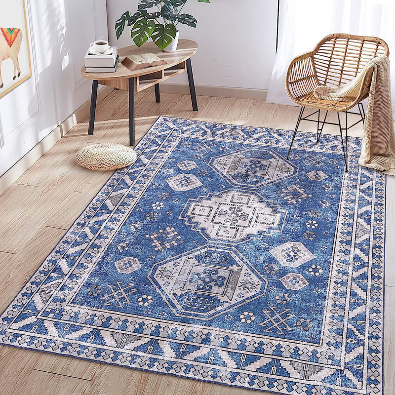 Tapis rectangulaire bleu en polyester tressé à la machine Southwestern, Rectangle 8 pi x 10 pi