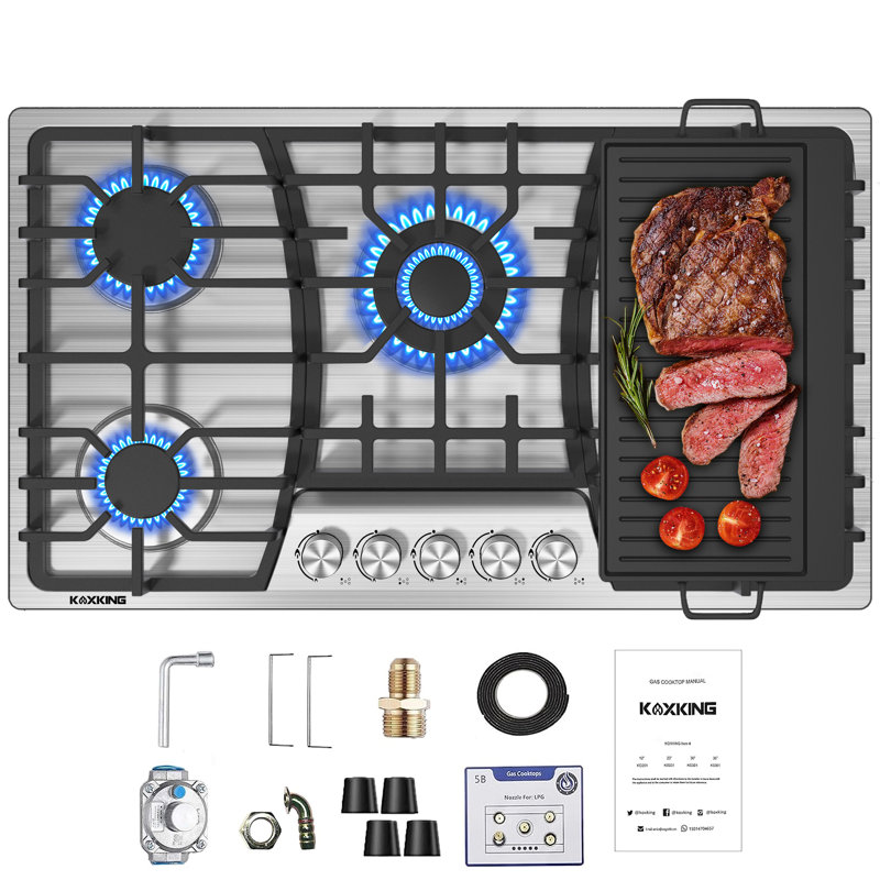 36" Stainless Steel Gas 5 Burner Cooktop With Dual Size Power Burner