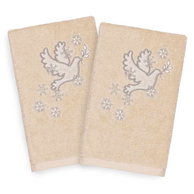 Christmas Dove Embroidered Luxury Turkish Cotton Hand Towel, Sand