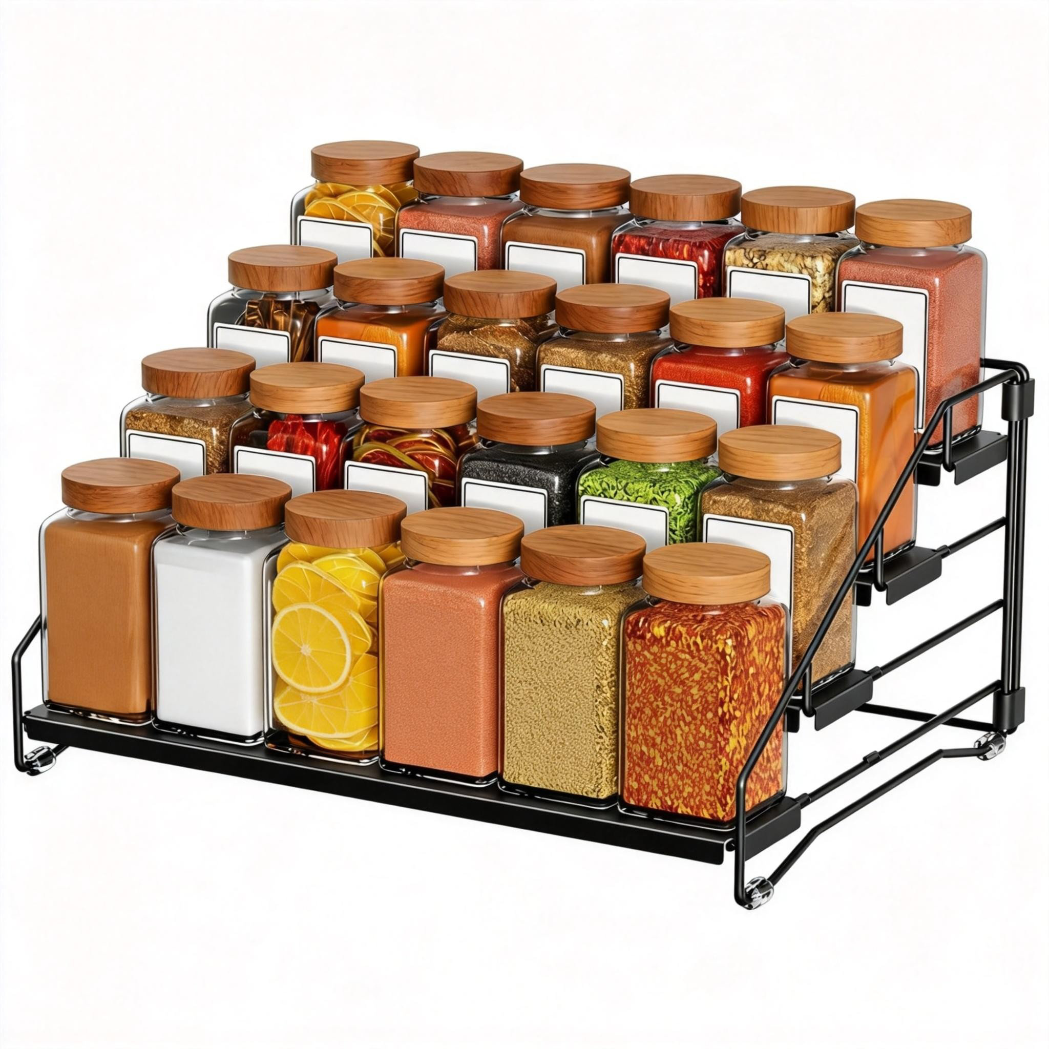 Adjustable Depth Spice Rack, Tiered Organizer 4-Tier (Black)