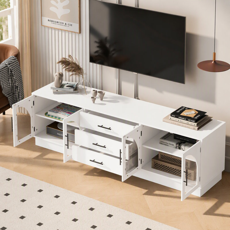 Meuble télé avec portes en verre arquées, 3 tiroirs, 2 armoires avec tablettes réglables Marquala, Blanc