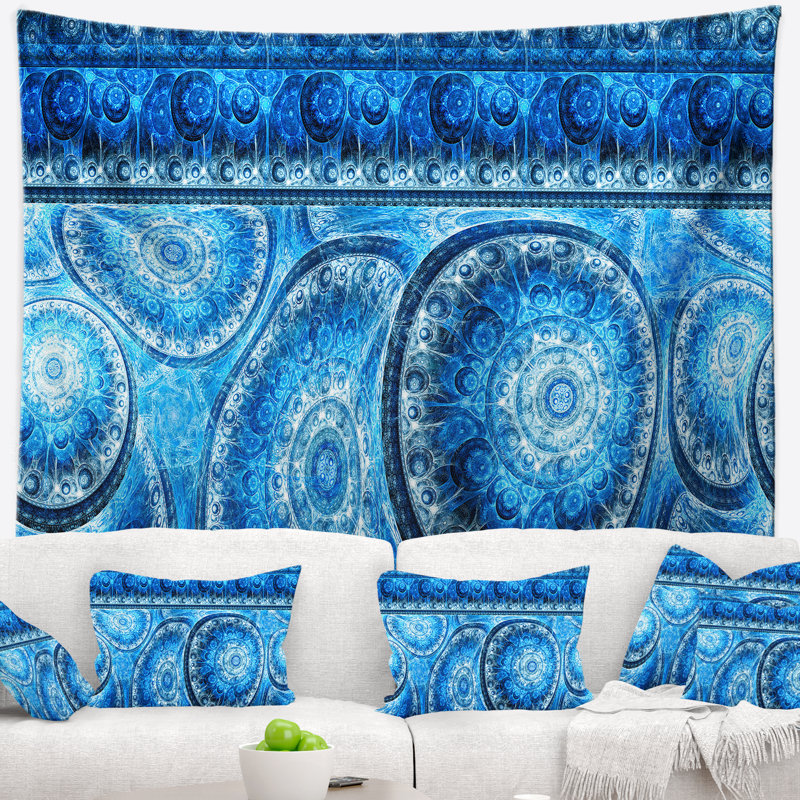 Tapisserie abstraite à motif de cellules vivantes bleues, H 50 po x l 60 po