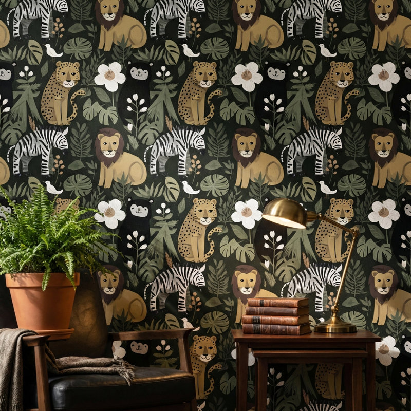 Papier peint jungle animaux tropicaux, Peler et coller