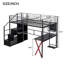 Lit mezzanine double en métal avec poste de travail intégré, garde-robe, escalier de rangement et DEL, noir