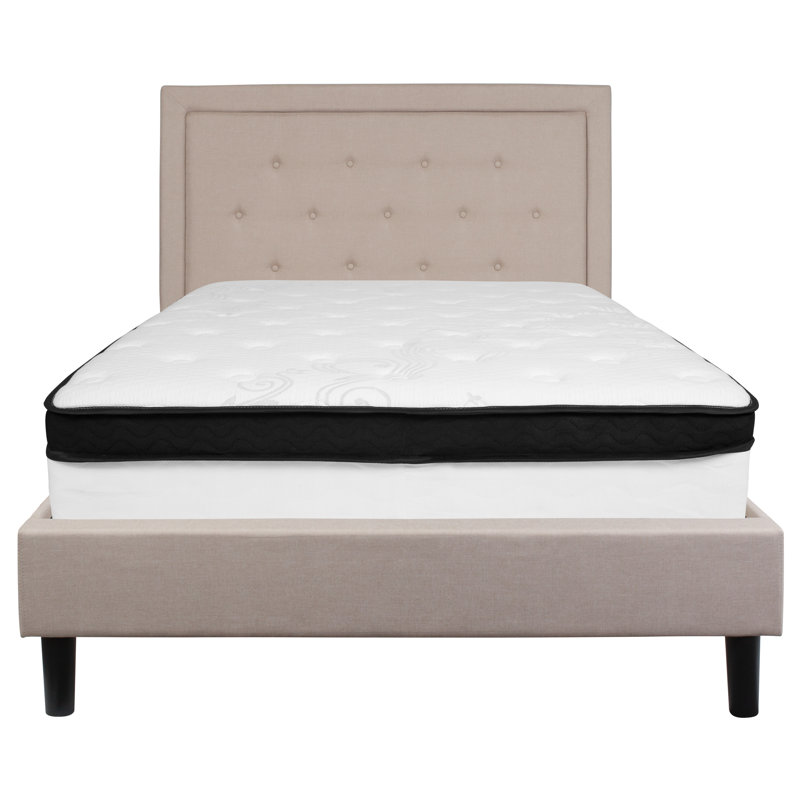 Aluino Panel Tufted Platform Bed and Memory Foam Pocket Spring Mattress, Beige, Full