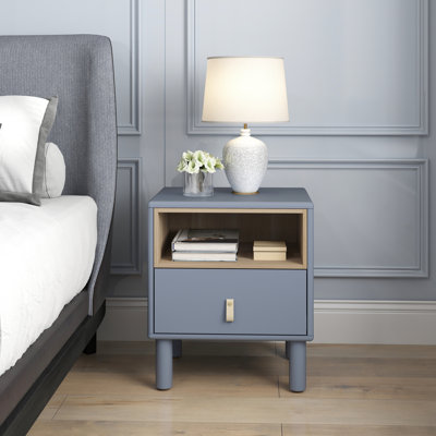 Table de chevet bleue de style moderne avec tiroir et espace de présentation - dans une tablette ouverte pour l'organisation